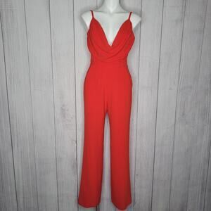 Dress The Population Red Wide Leg Draped Deep V Neck Jumpsuit Womens Small
